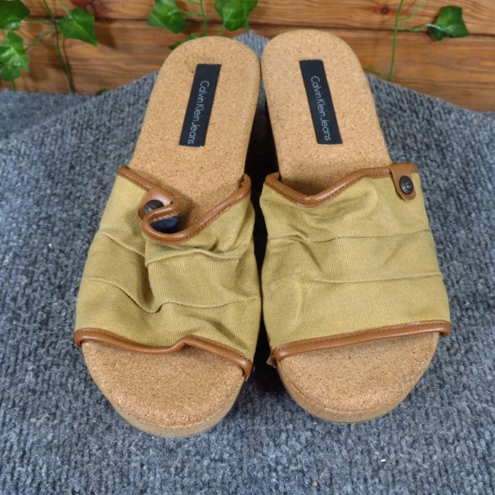 Calvin Klein Jeans Yvana Women Wedge Sandal Size 7.5 Summer Platform Tan Cork
